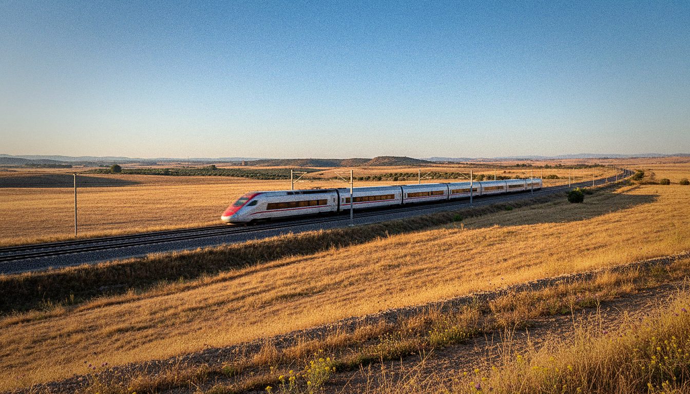 Train à grande vitesse traversant les plaines de la Meseta castillane en Espagne